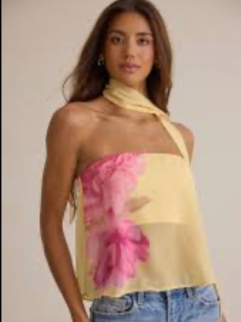 Yellow Strapless tube Top with Pink Floral Print and  yellow scarf